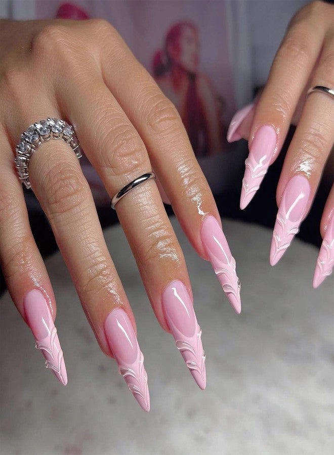 SINHOT Stiletto Press on Nails Long Fake Nails Pink Acrylic Nails Glossy Glue on Nails 3D Swirl Almond Artificial Nails Stick on French Tip False Nails with Design 24 pcs - Image 1